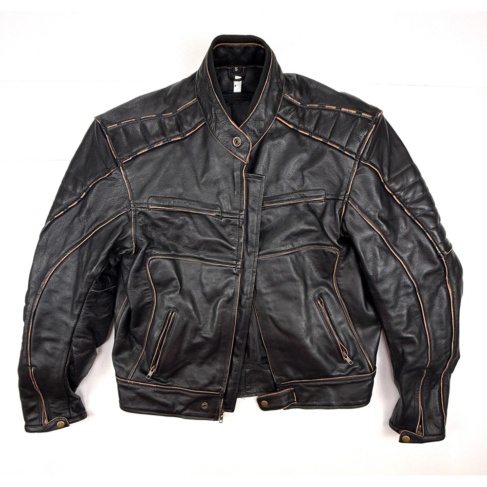 Wicked Stock Leather Motorcycle Armor Riding Jacket Mens Small Black Distressed